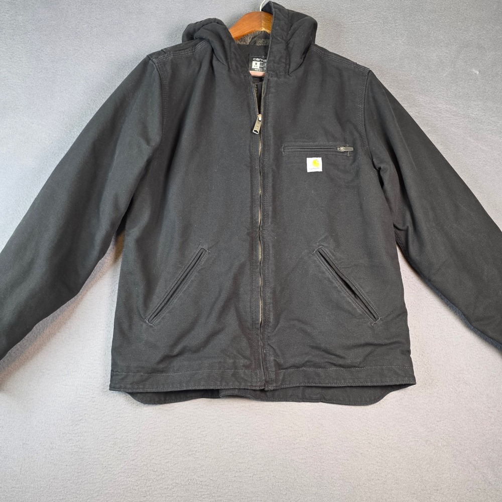 Carhartt Hooded Jacket Womens Size M Black Canvas Sherpa Lined Full Zip Workwear